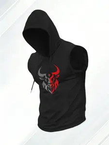 Men's Workout Hooded Tank Tops, Gym Bodybuilding Sleeveless Hoodies with Bull Graphic, Lightweight Quick Dry Muscle Shirts for Training, Running & Fitness, Athletic Style Activewear