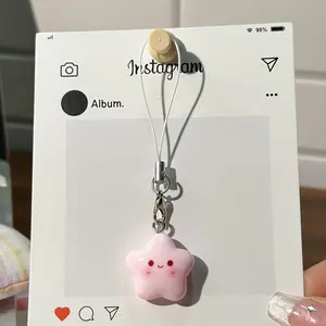 Macaron Smiling Star Mobile Phone Rope/Cartoon powder blusher Five Pointed Star Milk Huhu Bag Pendant Sweet Key Hanger Phone Lanyard Phone Charms