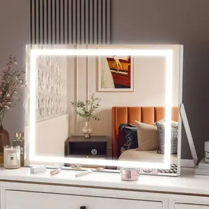 14" X 11" Vanity Mirror With Lights, LED Makeup Mirror, 3 Modes Light,Smart Touch Control Dimmable, Table Mirror With Stand Aluminum Thin Frame For Living Room, Home Decoration Durable Metal Squre White
