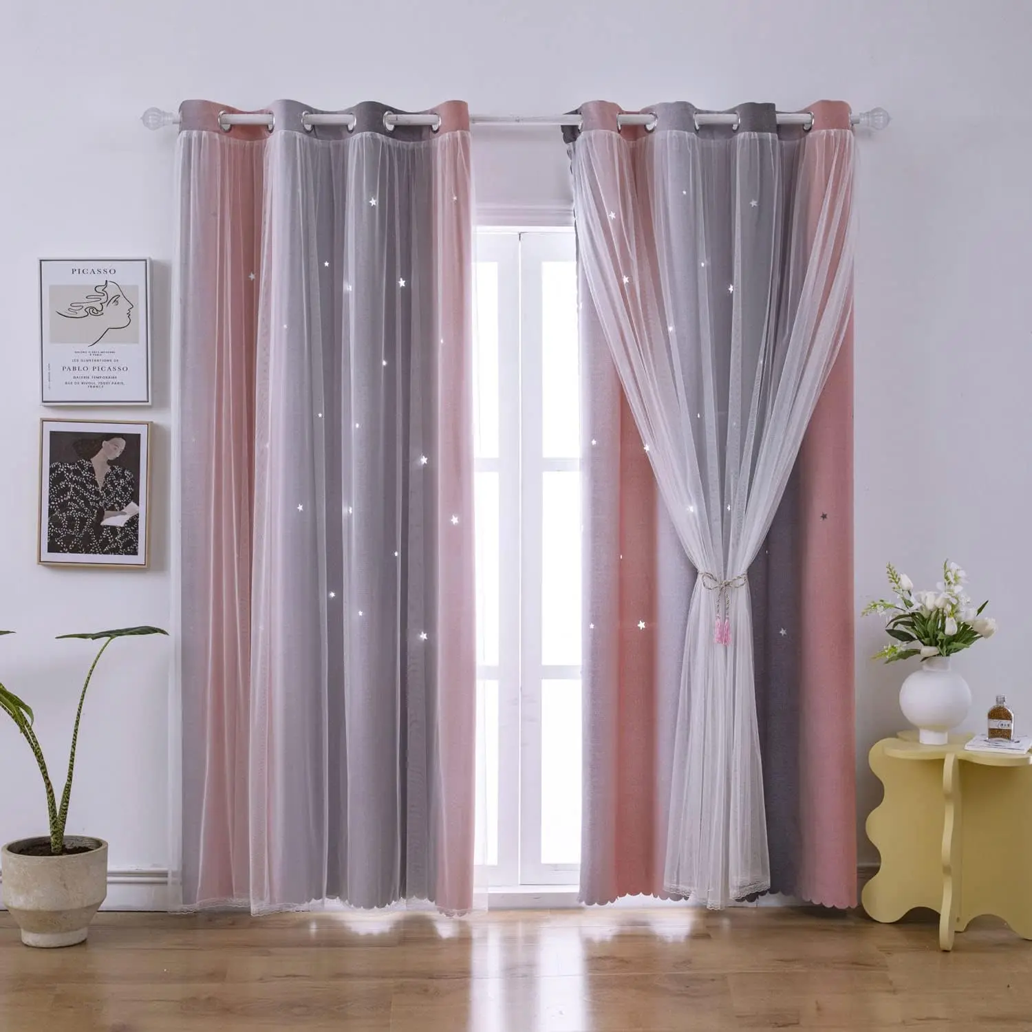 Ombre Rainbow Blackout Curtains for  Girls Bedroom Living Room Darking Stripe Double Layer Star Cut Out Wall Home Decor Gradient Grommet Window Curtains (Pink Grey 52W x 63L