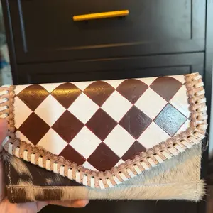 Brown checkered large wallet clutch