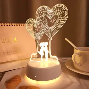 Romantic 3D Heart Shaped LED Night Light, Glowing Led Lights, Switch Control Warm Glow, Ideal Christmas Gift, Creative Bedside Atmosphere Lamp