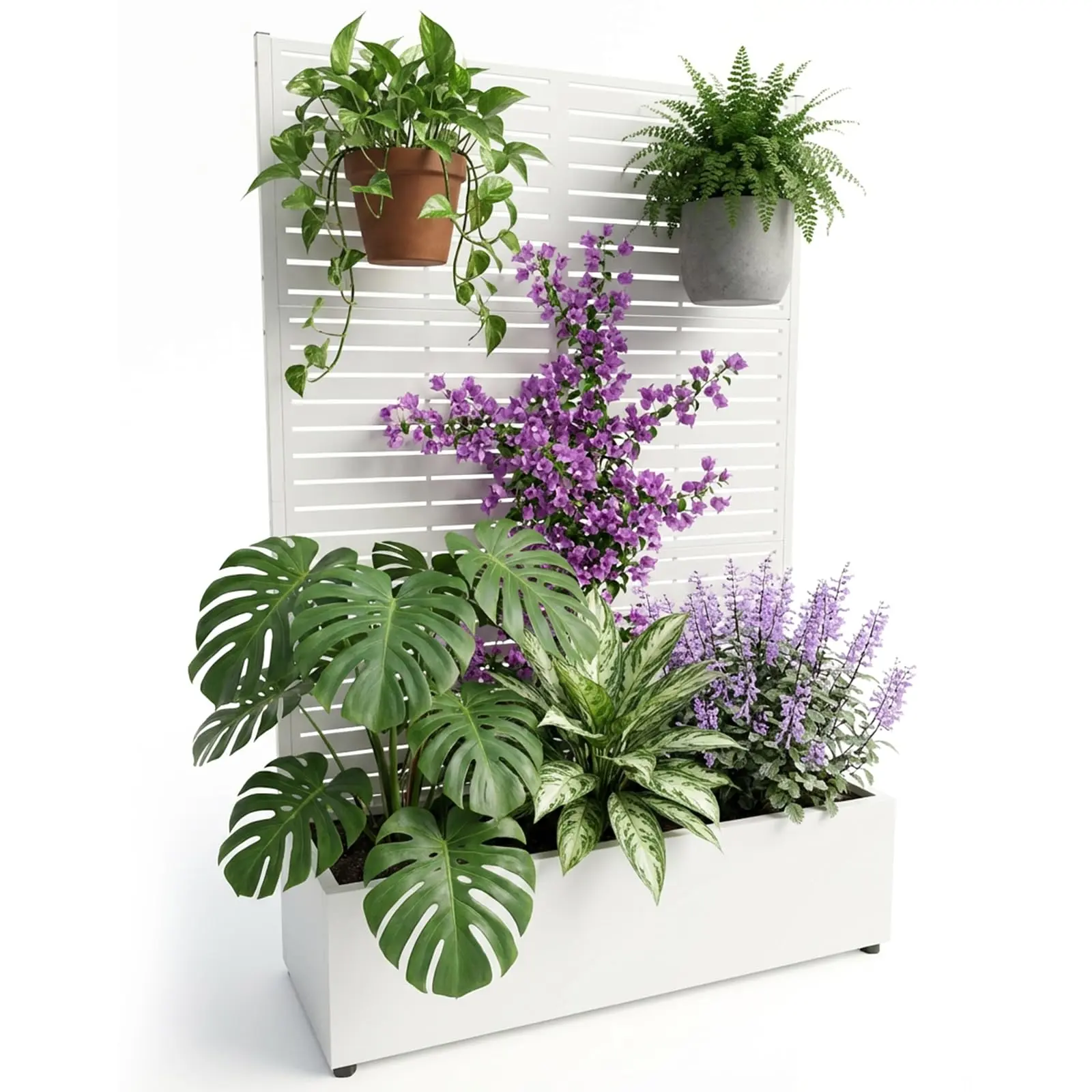 Metal Trellis Planter Box, 71.5"x47"x16" Garden Beds with Trellis and Wheels for Climbing Plants and Vegetables, Privacy Screen Planter Box with Drainage Holes for Patio and Balcony, White