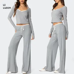 Women Fall Soft Top & Drawstring Pants Set Outfit Lace Trim Scoop Neck Long Sleeve Crop T-shirt Drawstring Flare Pants Casual 2 Piece Outfit