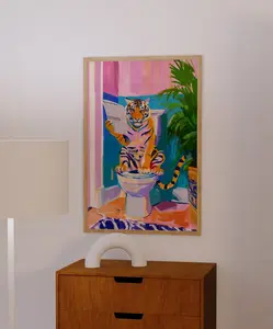 Tiger Poster, Maximalist Bathroom Wall Art, Trendy Toilet Decor, Dopamine Decor, Pink Kitsch Aesthetic, Tiger On Toilet, Preppy Wall Art