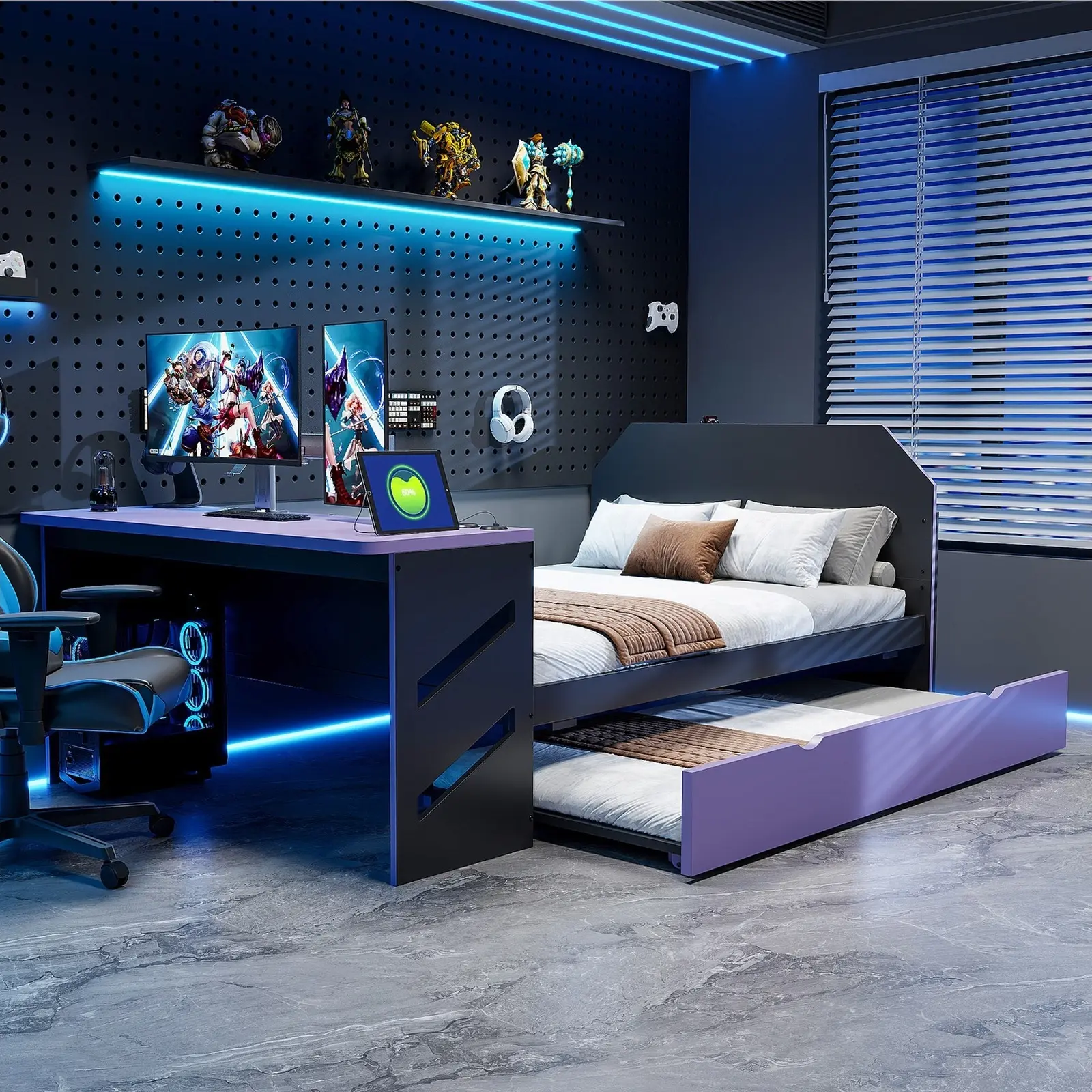 Full Wood Daybed Frame with Charging Station, Trundle, Desk and Space-Saving Design