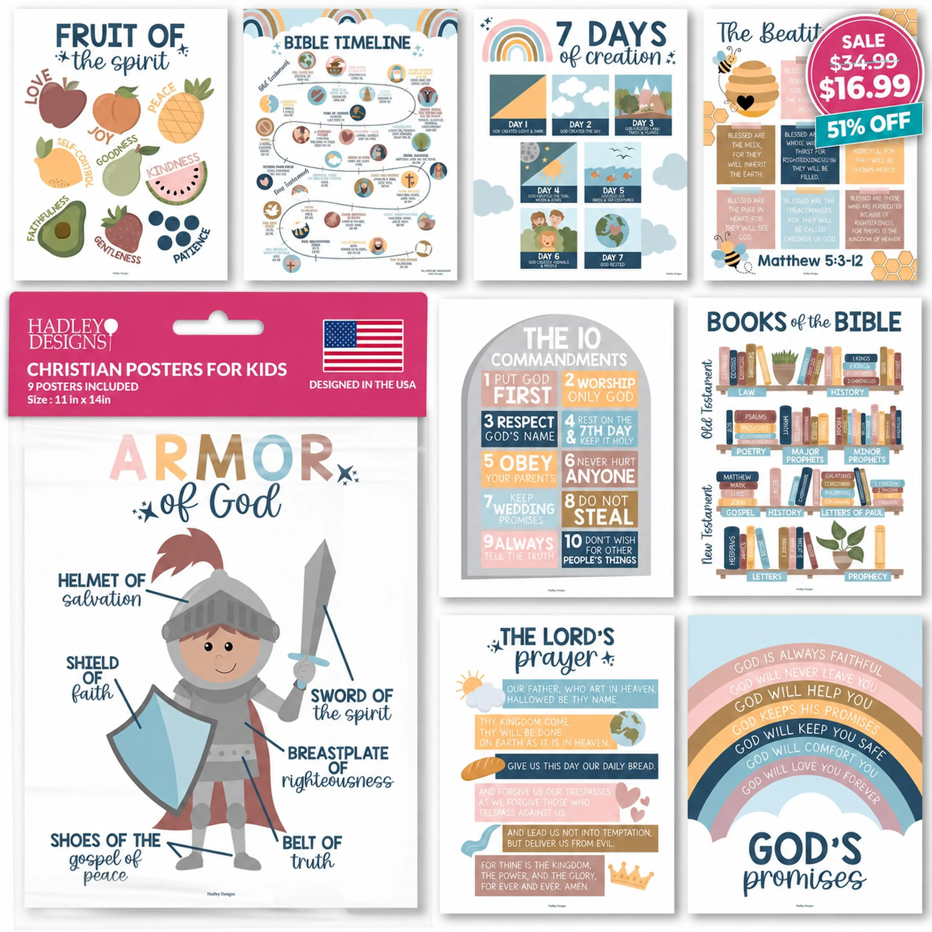 Hadley Designs Laminated Bible Posters Set (9 Pcs, 11x14 in) - Colorful Wall Chart Learning Tool, Homeschool Supplies for Sunday School Classrooms, Bible Teachings Support