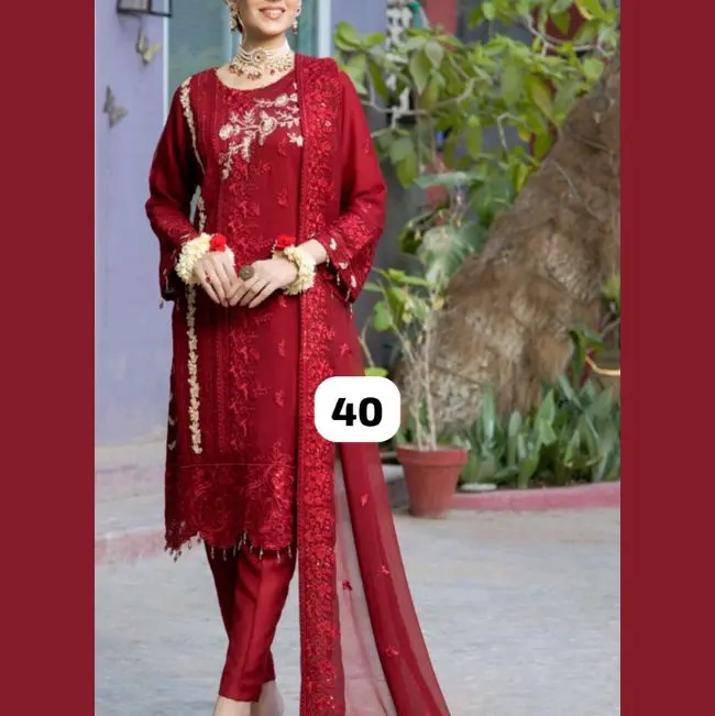 Luxury Elegant Chiffon Embroidered Stitched 3pcs Traditional Pakistani Shirt  Trouser Dupatta Set  Womenswear