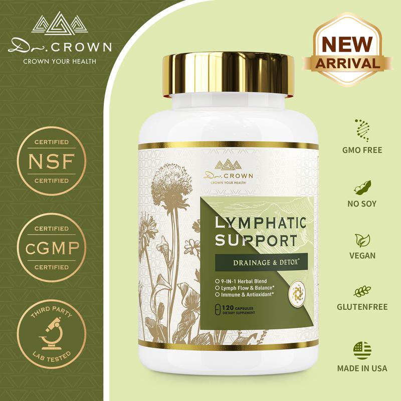 Dr. CROWN Dietary Botanical Lymphatic Drainage Supplement for Women & Men - With Echinacea, Dandelion, Burdock, Cleavers & More - 120 Capsules