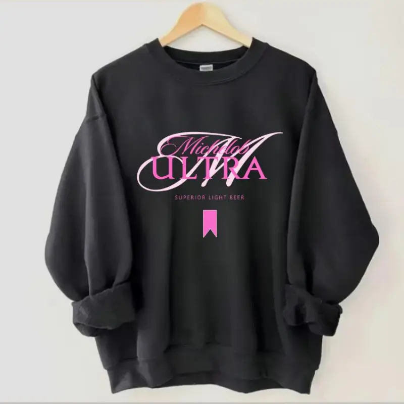 Women's Pink Michelle Oversized Sweatshirt - Cute Retro Beer Logo Pullover, Lightweight, Modest, Preppy, Normal Type, Casual OOTD, Classic Fit, Christmas Holiday Gift, Unisex Fashionable Comfortable Top, Long, Machine Washable, Korean, Pull On