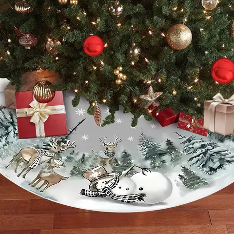 JOOCAR 48in Abrasion-Resistant Classic Christmas Tree Skirt, Decorative Snowman-Reindeer-Snowflake Mat, All-Seasons Christmas Decorations for Winter Holiday Household Textiles