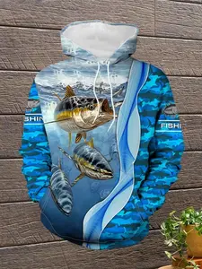 Men's Fashion Ocean Theme Digital Print Hoodie, Trendy Deep Sea Fish Pattern Long Sleeve Top, Casual Fitted Sweatshirt for All Seasons