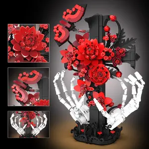 901pcs Dark Rose Cross Puzzle Decor, Movable Skull Hand & Butterfly, Preserved Flower Gothic Desk Ornament Gift for Ages 8+