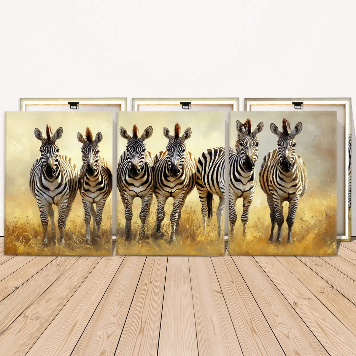 3 Counts Wooden Framed Canvas Painting, Elegant Wild Zebra Herd Image, Artistic Exquisite Poster, Perfect Living Room Decoration, Modern Art, Fashion Family Poster, Wall Art Decoration, Waterproof Art