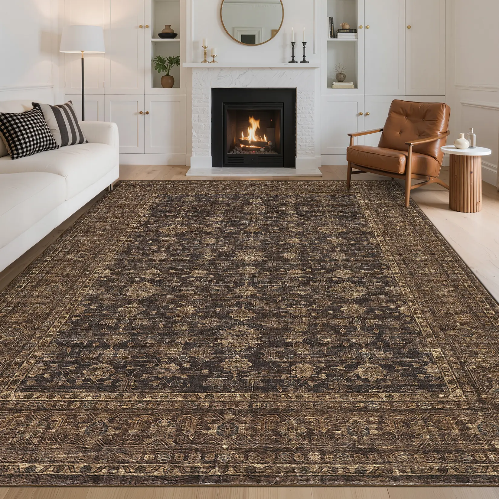 Washable Vintage Area Rug for Bedroom Living Room, Distressed Floral Print Non Slip Dining Room Rugs Retro Accent Non Shedding Floor Carpet Low Pile Ultra Thin Oriental Throw Rugs for Nursery Playroom