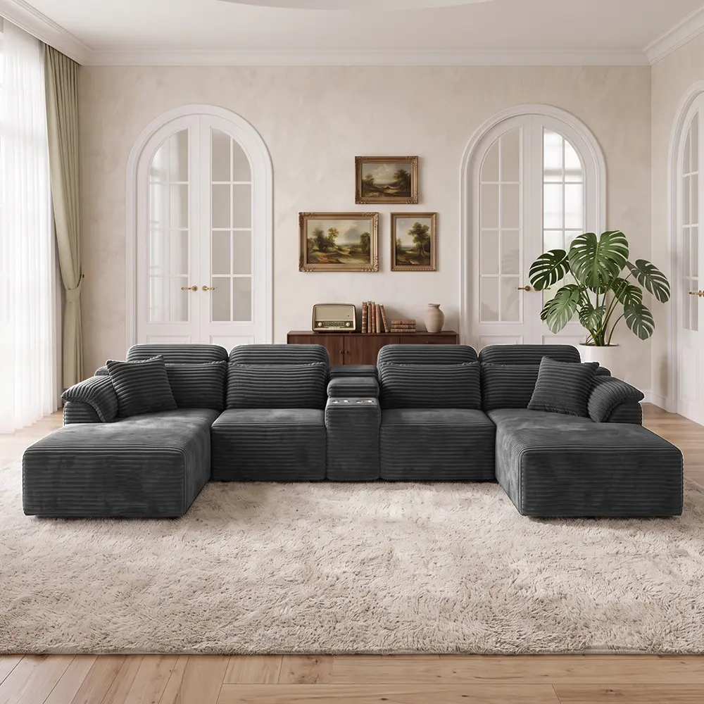147'' Modern Cozy Modular Sectional Sofa, Vacuum Compressed No Assembly Corduroy Block Couch, Multi Free Combinations With Cup Holders Side Storage For Living Room Apartment Studio, Convertible Modular Sofa Set
