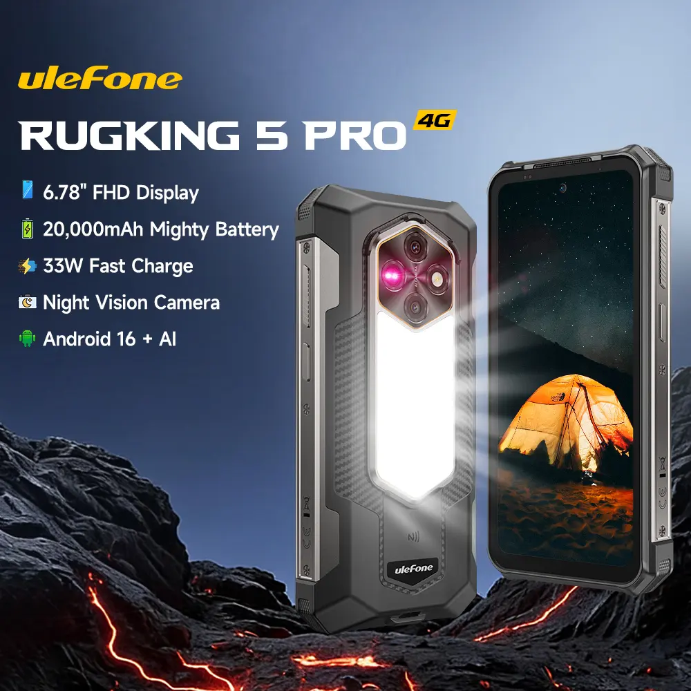 Ulefone RugKing 5 Pro Rugged Phone (Unisoc T7250, 1 Year Coverage) - 20000 mAh Battery, 16GB+256GB, Android 16, 6.78 inches 60Hz Display, 64MP+20MP+18MP Camera, Built-in Back Camping Light, NFC, 4G Dual SIM, Widevine L1, Fast Charge, Type C Port - Black,,