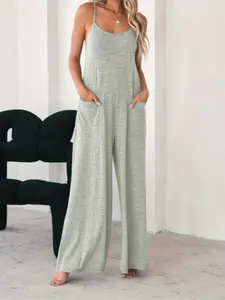 Plus Size Women's Summer Jumpsuit, Solid Color Overalls, U Neck Sleeveless Straight Leg Pocket Wide Leg Pants, Casual Chic Loose Fit