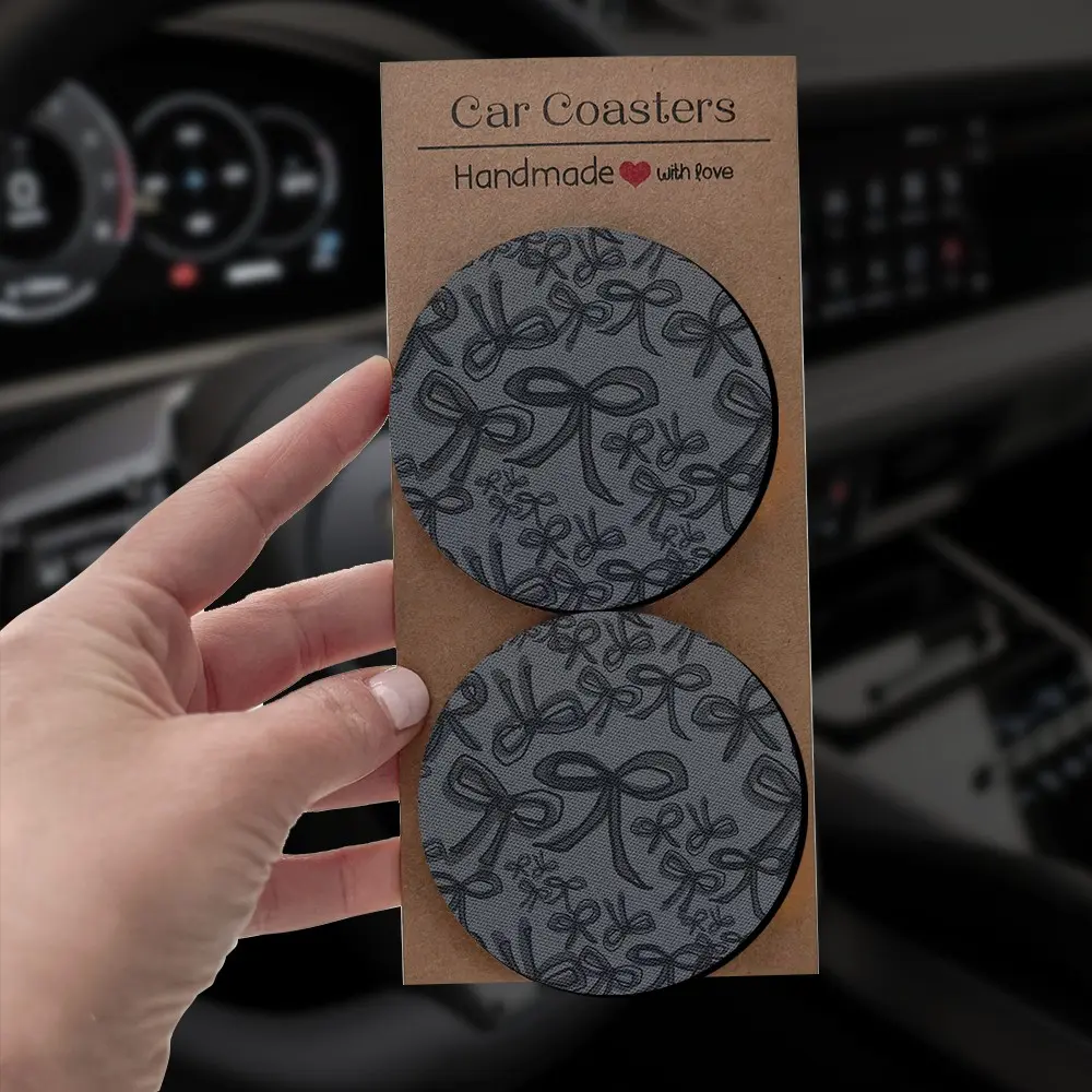 Coquette Aesthetic Car Coasters for Cup Holders, Cute Black Ribbon Bow Print Absorbent Neoprene Car Accessories for Women, Car Interior Decor, Car Interior Decorative, Universal Fit,2/4 Pieces Set, Car Interior Accessory, Girly Car Accessories