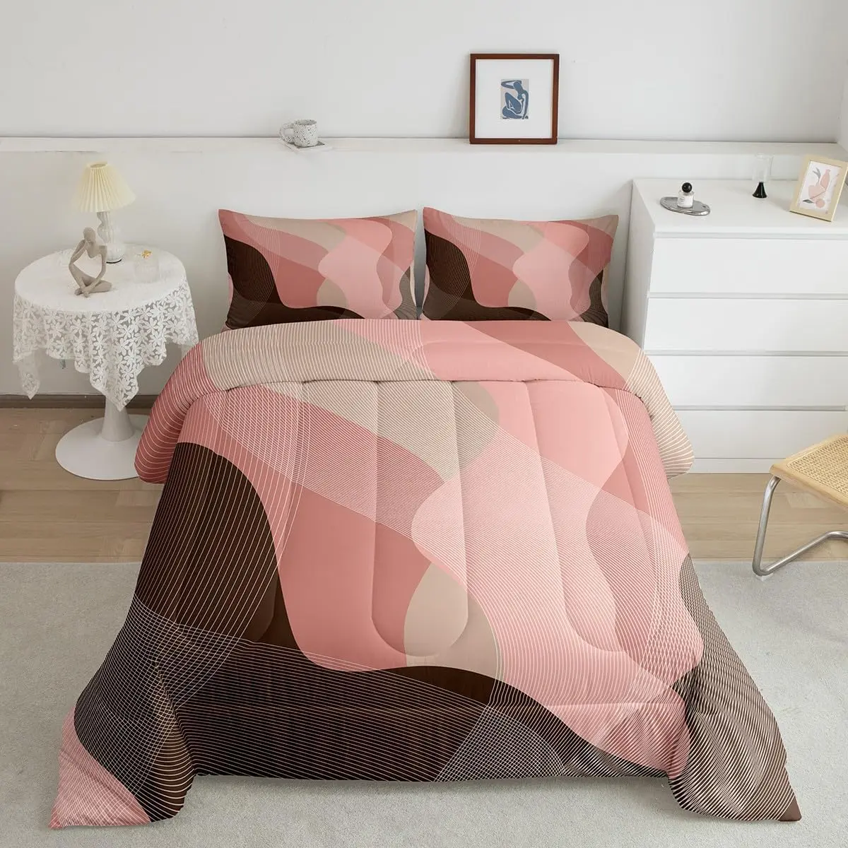 Feelyou Retro Wave Bedroom Bedding Set - Soft Abstract Geometric Pink and Brown Ombre Queen Size Comforter Set for Teen Women, Soft Bedding Sets