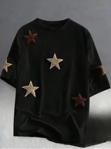 Unisex Textured Star Patchwork Short Sleeve T-Shirt, Vintage High Street Style Cotton Top, Summer Casual Couple Wear