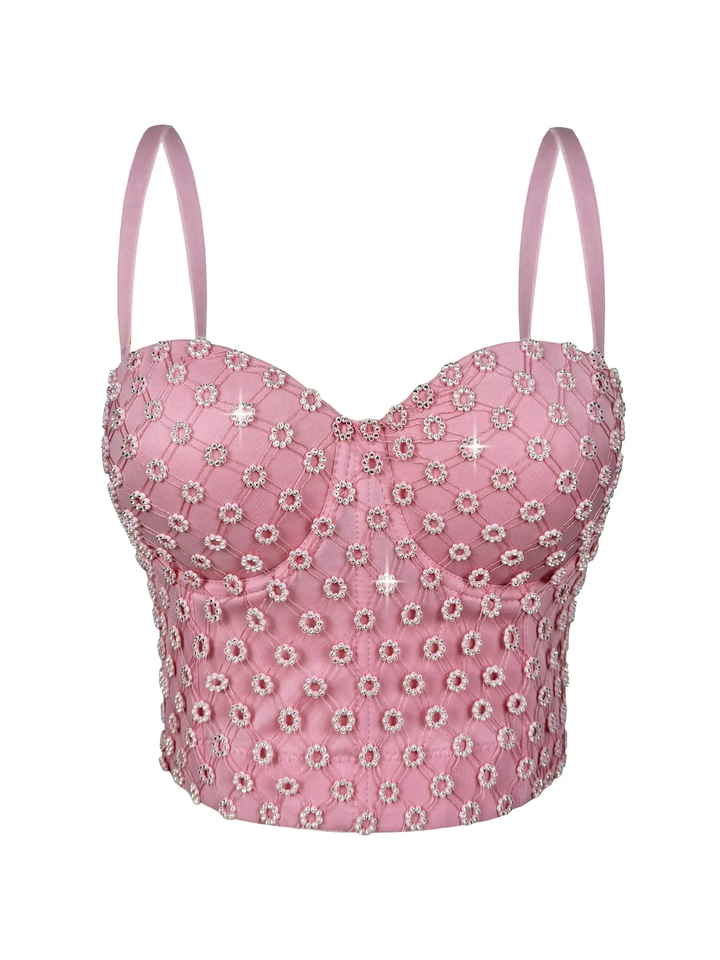Pink Full Diamond Beaded Vest, Slim Short Corset-style Top, Party & Club Style Spicy Girl Outfit for Inner or Outer Wear