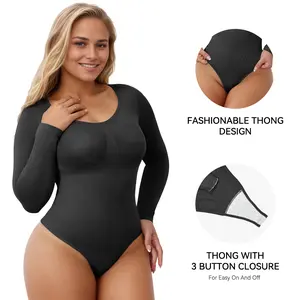 SHINYUAN Shapewear For Tummy Control Long Sleeve Bodysuit Round Neck One Piece Thong Design Soft Comfortable Womenswear High Stretch Girdle High Waisted Compression Black Cute Minimalist