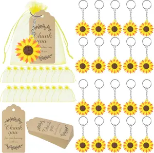 20 Sets 60 count Sunflower Party Favors, Sunflower Keychains, Yellow Organza Bags and Thank You  Tags - Sunflower Ornament Keychains Set for Summer Theme Party Wedding Birthday  Shower Party