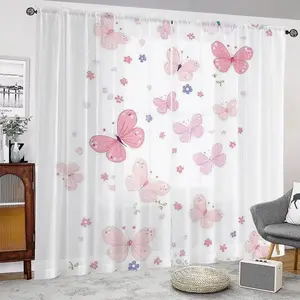 Dreamy Butterfly Floral Print Transparent Curtains, Sheer Printed Curtains, Rod Design, Soft Polyester Fabric, Living Room or Bedroom Decor