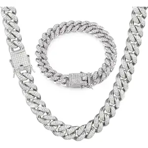 2 Cuban Link Chain for Men,Sier Necklace and Bracelet,Miami Cuban Chains,Bling Diamond Chain for Hip Hop