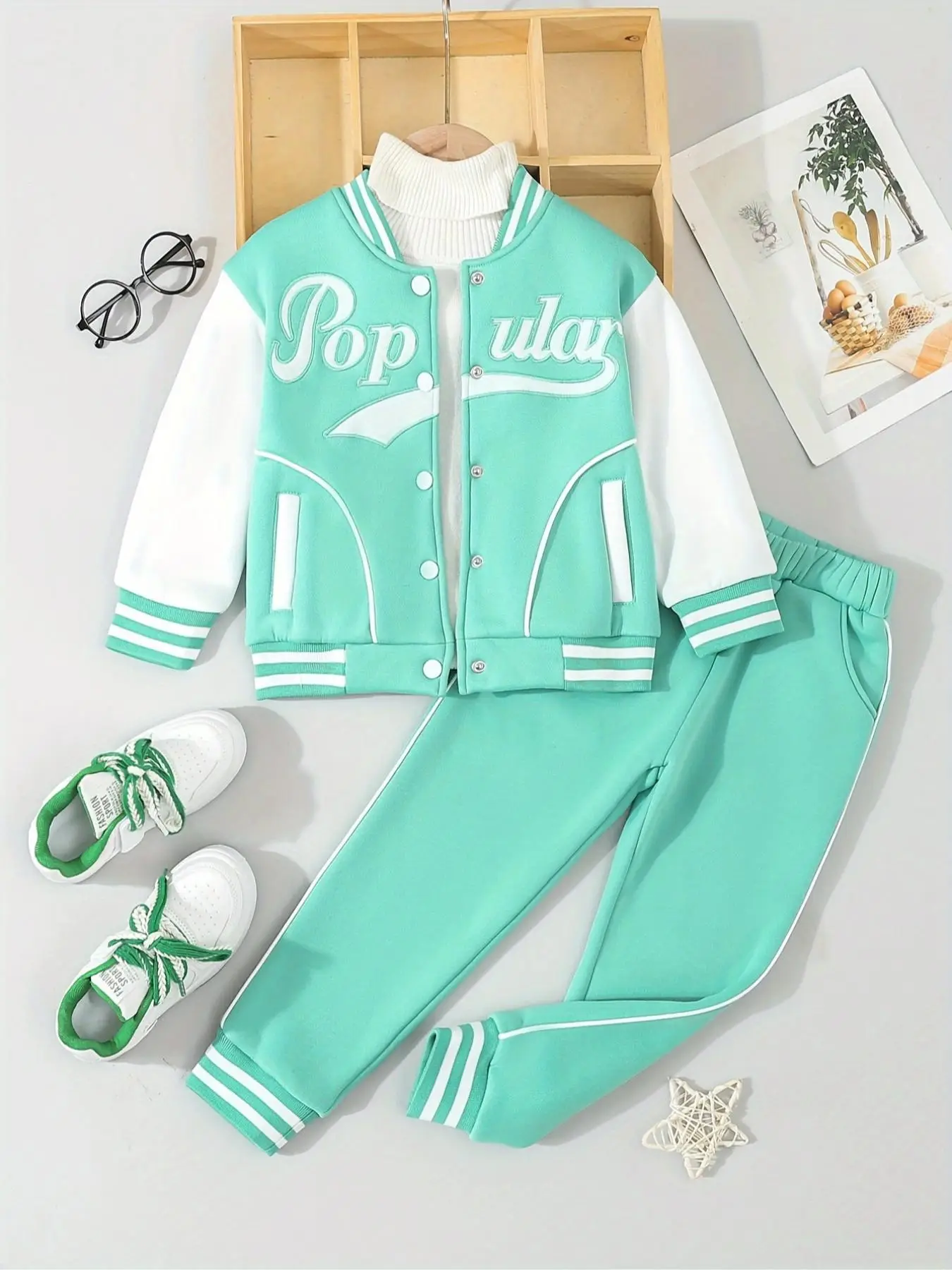 Two-piece Set Girl's Letter Embroidery Baseball Collar Jacket & Pocket Sweatpants Set, Casual Long Sleeve Button Front Outerwear & Jogger Pants for Fa