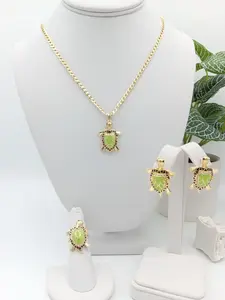 Yordy Turtle Set Women's 14K Gold Plated Metal Jewelry Set with Chain Necklace Earrings & Ring Elegant Turtle Design High Quality Accessories
