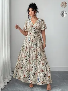 Plus Size Women's Floral Print Long Dress, Loose Fit V Neck Ruffle Sleeve, Boho Style Summer Vacation, Beach Dating Daily Wear
