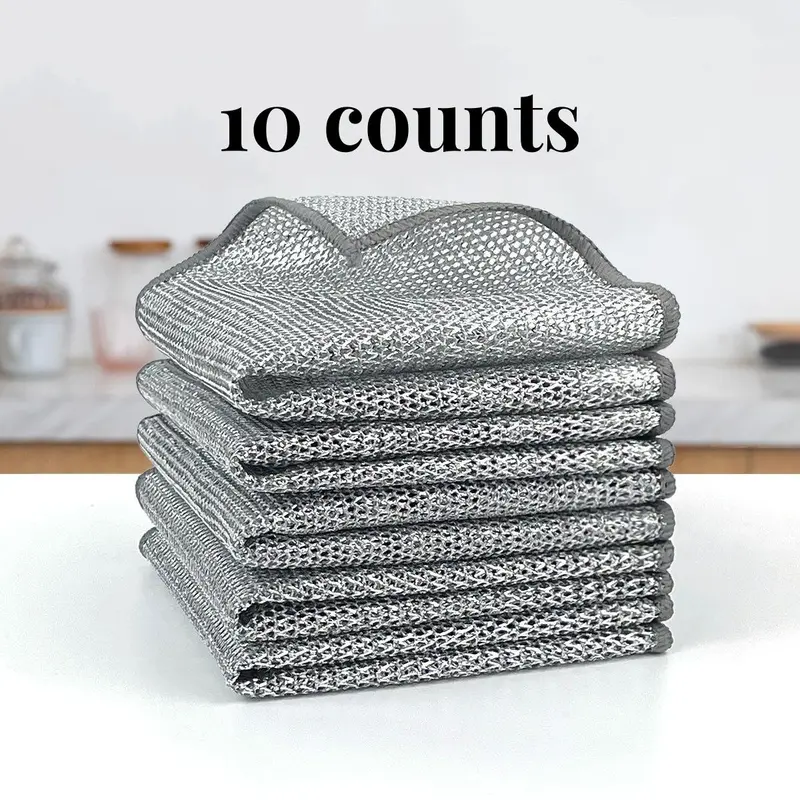 10 Counts Dishwashing Rags，Multipurpose Non-Scratch Wire Dishcloths for Wet and Dry Use, Reusable Wire Cleaning Cloths for Kitchen, Sinks, and Pans Silver Removable, Washable & More
