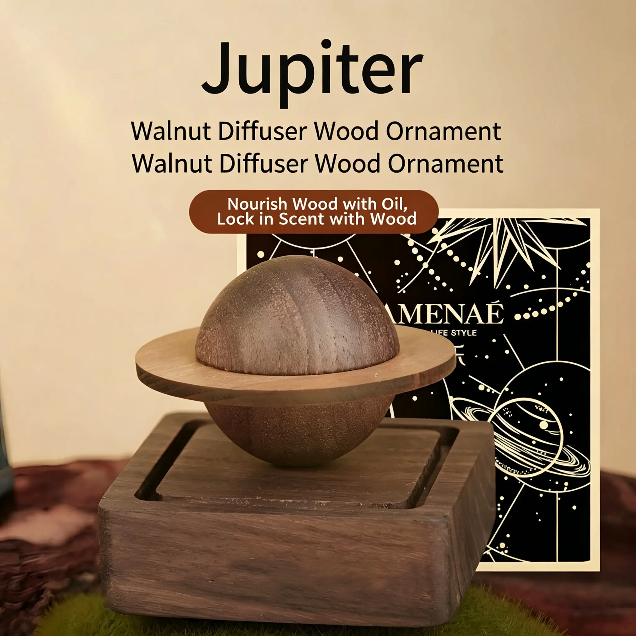 Natural Black Walnut Wood Planet Essential Oil Diffuser - Creative Wooden Aromatherapy Ornament for Car, Desk Decor