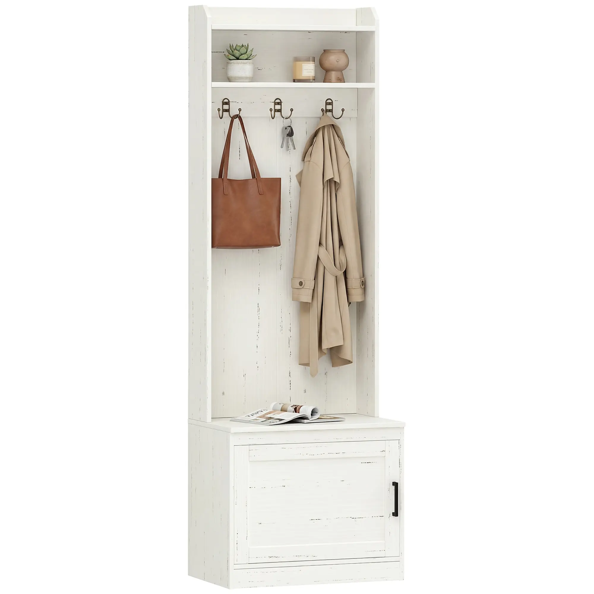 Narrow Hall Tree with Shoe Storage Bench, Rustic Entryway Bench with Coat Rack, Accent Coat Tree with Storage Shelves for Hallway, Mudroom, White Wood Grain