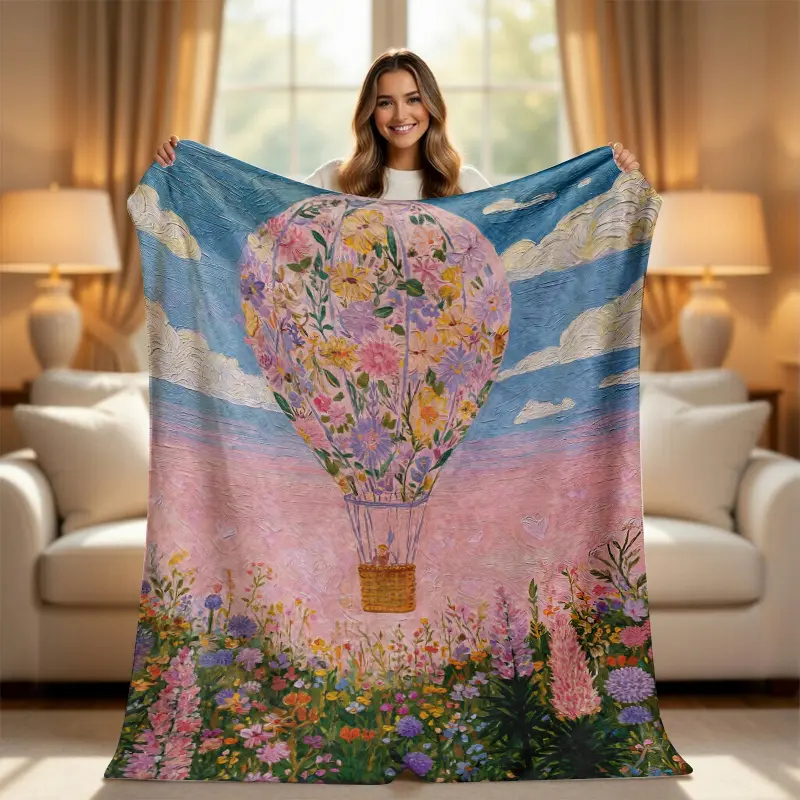 Coquette Cottagecore Floral Hot Air Balloon Throw Blanket - Dreamy Pastel Pink Wildflower Oil Painting Adorable Style Art Print Balloon Flower Blanket, Cozy Room Decor Gift, Flower Blankets, Art Print Blankets