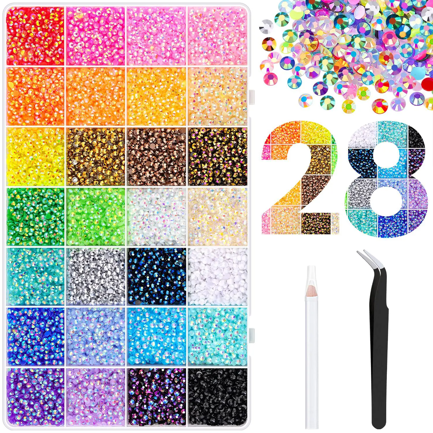 Nail Charms Large Set - 35000PCS 28-Color Jelly Synthetic Rhinestones, 3mm Flat Back Easy Apply Resin Gems for Bedazzling, Crafting, Shoes & Nails Ready, Multicolor Mix
