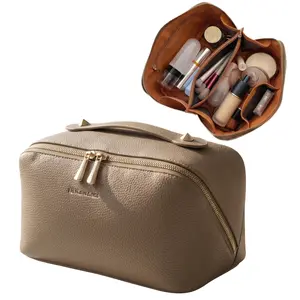 Makeup Bag for Women Travel Waterproof Vegan Leather Cosmetic Bag Open Flat Toiletry Bag With Clear Divider and Handle