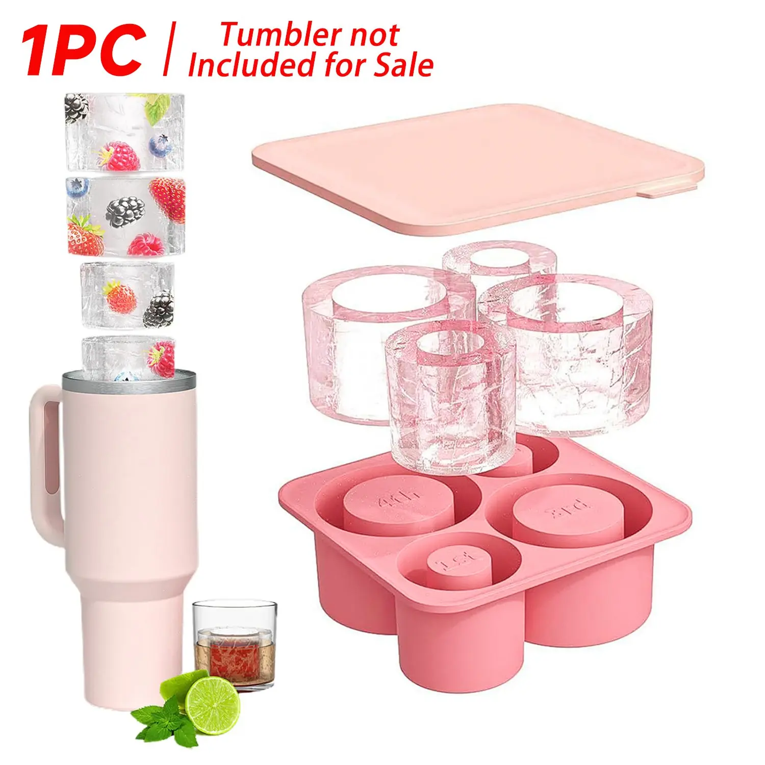 Cup Shaped Ice Cube Mold with Lid, 1 Count 4-grid Flexible Silicone Ice Cube Mold, Ice Molds, for 20oz 30oz 40oz Cup, Reusable Ice Cube Maker for Home Kitchen, Kitchen Gadgets Accessories, Ice Cube Tray