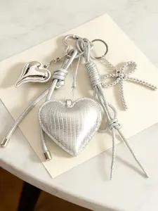Silver Color Heart Bow Woven Rope Bag Charm, Cute Handbag Accessory, Perfect for Purse Decoration, Fashionable and Stylish
