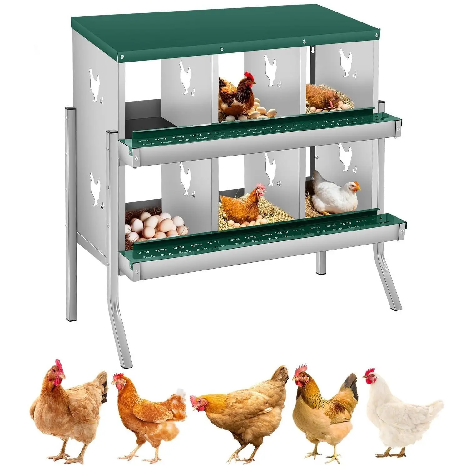 Garvee Chicken Nesting Boxes, Two-Tier Metal Chicken Egg Laying Box with 6 Compartments Large Vented Holes for Egg Collection