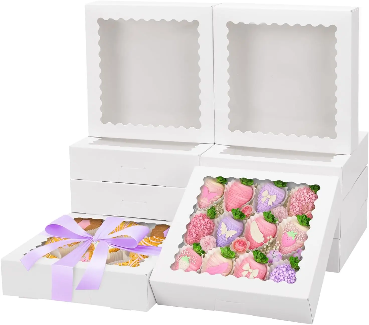  25 Pcs White Bakery Boxes with Clear Window, 7 x 7 x 2.48 Inch Treat Gift Boxes, Easy‑to‑Assemble Auto-Popup Bakery Boxes, Suitable for Chocolate Strawberries, Donuts, Macarons