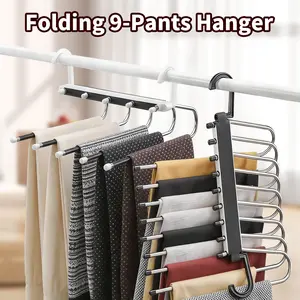 Pants Organizer 9-Layer Pants Hanger Multifunctional Pants Rack Horizontal and Vertical Space-Saving Stainless Steel Wardrobe Storage Rack Suitable for Pants, Jeans, and Leggings