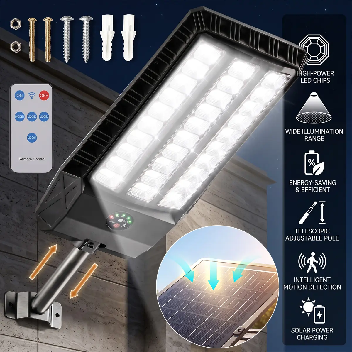 【Summerfinds】800w   Commercial LED Solar Street Light with Dusk-to-Dawn Auto On/Off Waterproof Outdoor Security Lighting for Parking Lots Yards and Roads, Outdoor Lights Waterproof, Outside Led Lights