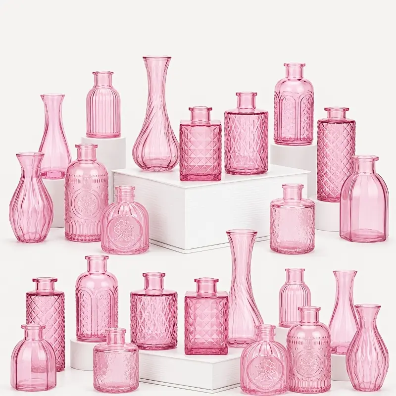 Clear Pink Glass Bud Vase Set of 24 Pcs,Small Bud Vases in Bulk,Glass Crystal Flower Vases Table Centerpieces for Party Event Wedding Decor Baby Shower Decorations (Pink, 24 Pcs)
