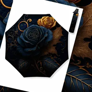 Luxury Gold Rose Automatic Umbrella, Vintage Palace Style UV Sunshade, High-End Rain and Sunny Use, 8-Rib Folding Lightweight Umbrella