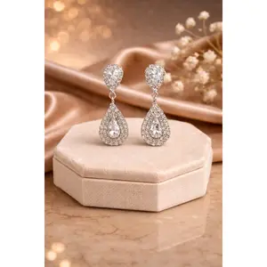 Framed Pear Drop Rhinestone Earrings 1.5"