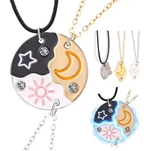 Trio Friendship Necklaces for 3, Engraved Sun Star Moon Pendant Necklaces Round Best Friends Forever Puzzle Matching Necklace with Rhinestone Jewelry Gifts for Bff Girls Sisters