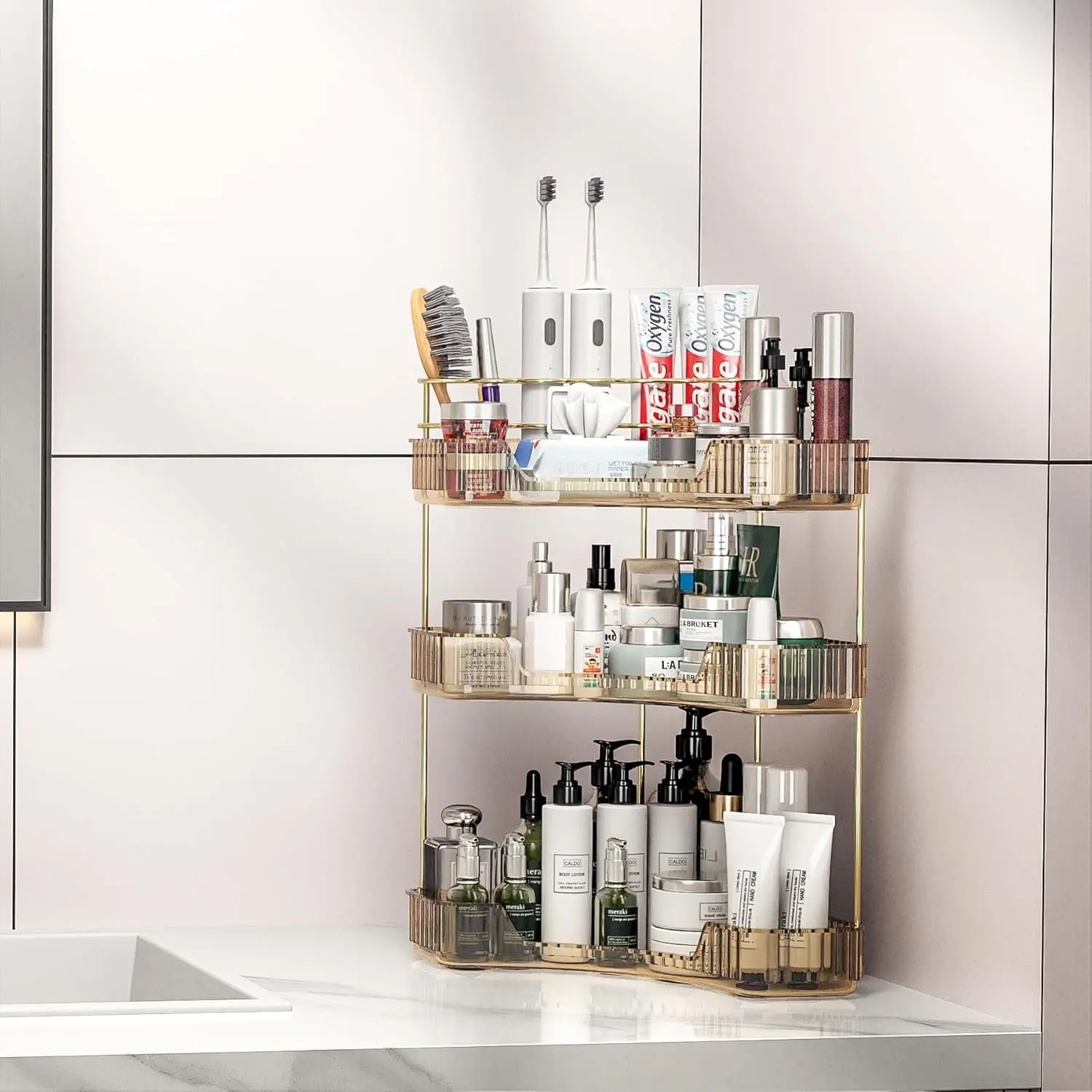 Makeup Organizer for Vanity, 3-Tier Corner Bathroom Organizer Countertop with Makeup Brush Holder, Corner Counter Storage for Bathroom Dresser- Amber Gold